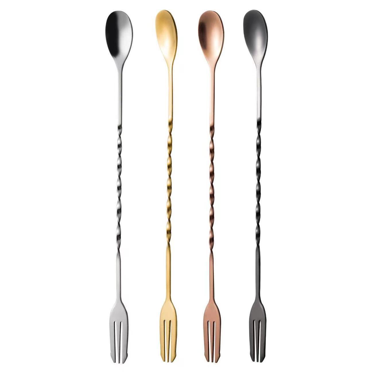 Mixing spoon 304 stainless steel long handle bar spoon ice spoon double-head dual-purpose mixing spoon fork long handle chicken tail Amazon