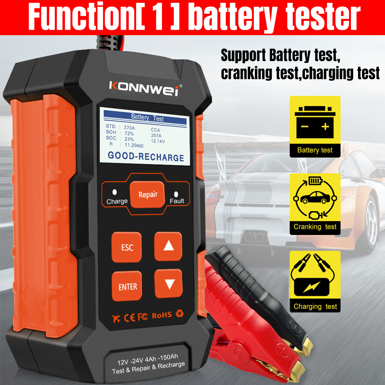 KONNWEI New KW520,10A CAr BAttery ChArger RepAir Instrument Detector Three-in-one Products