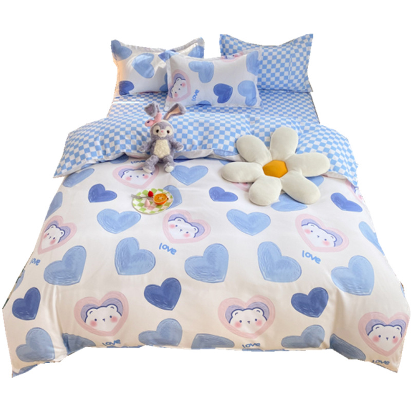 Small fresh skin-friendly cartoon aloe vera cotton four-piece bedding student dormitory single bed sheet quilt cover three-piece set