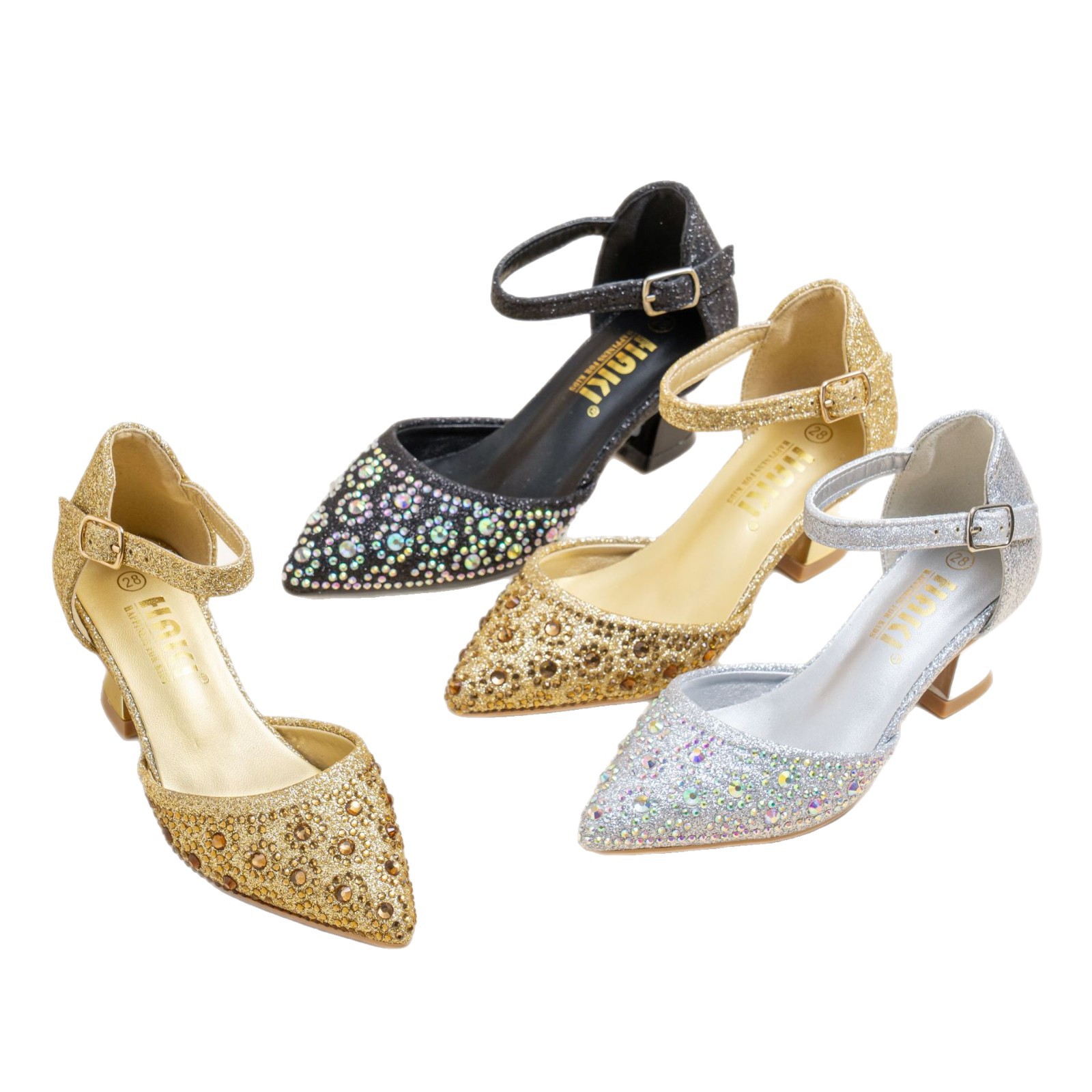 2025 New Export Sweet High-Heeled Shoes Thick Heel Shallow Mouth Pointed Toe Hollow One-Line Sandals with Shiny Rhinestones for Women