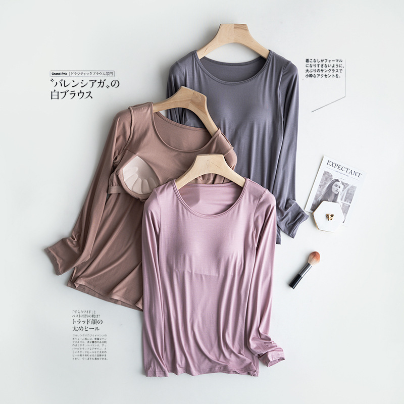 Модальная женская футболка с длинным рукавом и чашечками, без бюстгальтера, беспроводная, круглый вырез, йога, пижама, нижнее белье, облегающая футболка