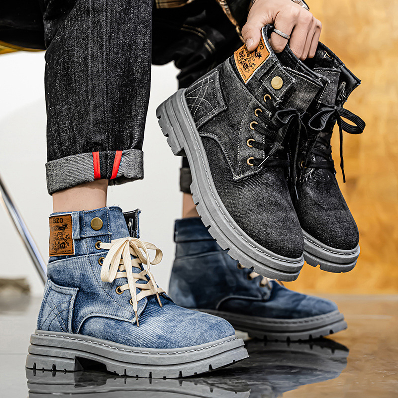Cross-border Explosions plus size 48 Men's Shoes 2025 New Mid-top Shoes Denim Casual All-match Workwear Shoes Martins Boots