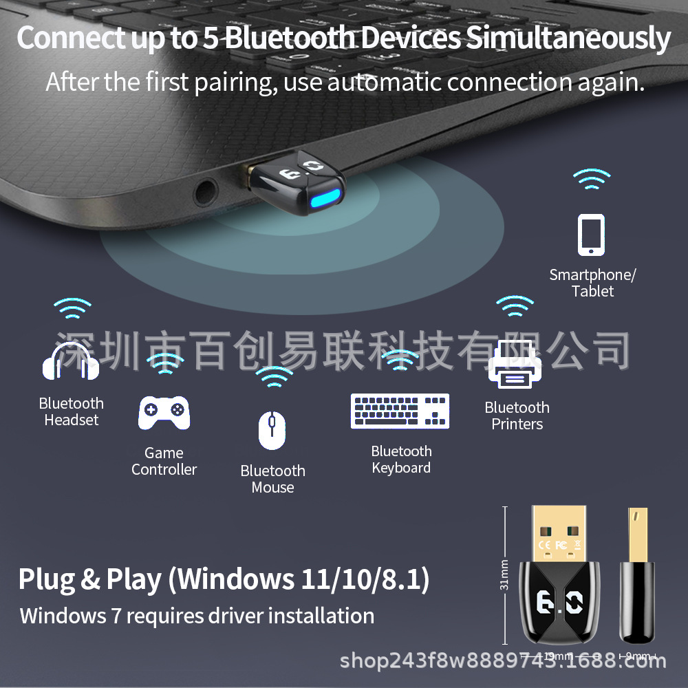 Cross-Border Bluetooth6.0 Bluetooth Adapter Computer USB Bluetooth Headset Audio Audio Connection Aac/Sbc