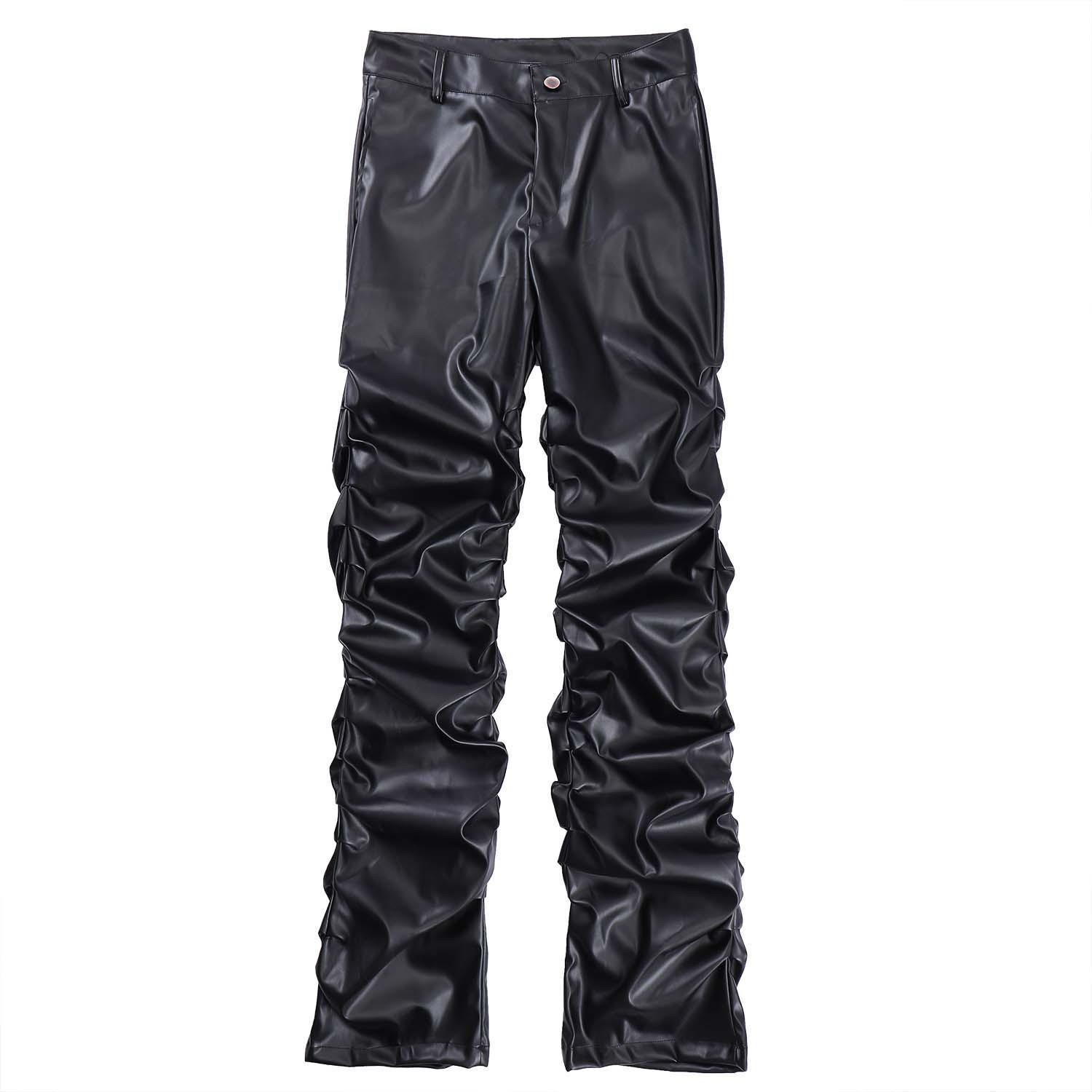 Dark Punk Niche Design Glossy Pleated Pu Leather Pants for Men Ins National Trend Hip-Hop Loose Casual Pants