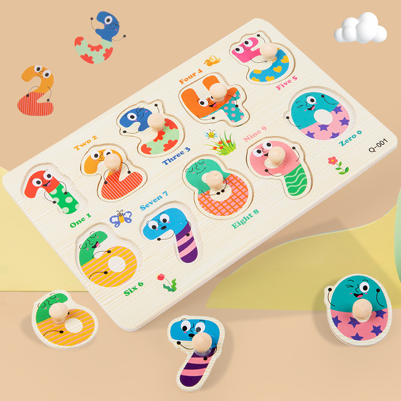 Wooden nail hand-held board jigsaw puzzle board baby digital animal toy early education children's educational wooden stereo cognition
