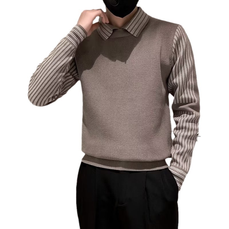 2024 fleece-lined thickened fake two-piece striped lapel sweater men's autumn and winter fashion brand advanced slim sweater sweater sweater