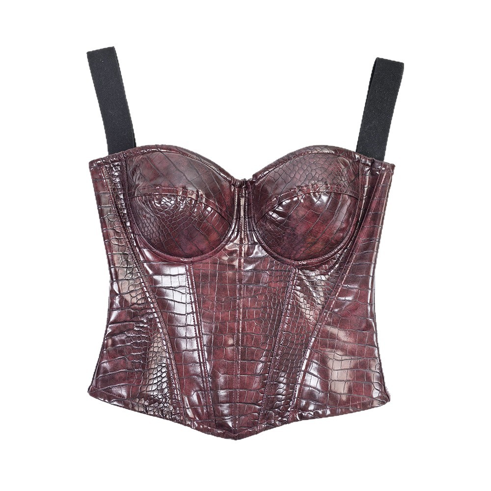 Crocodile Pattern Pu Leather Skirt Suit Sexy Glossy Patent Leather High-End Body Shaping Top Strong Compression Belly Fishbone Bra