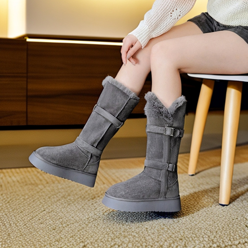 2025 Autumn/Winter New Style Two-Way Wear Thickened Long Boots with Belt Buckle, Fleece-Lined Warm Cotton Shoes, Thick-Soled Snow Boots for Women