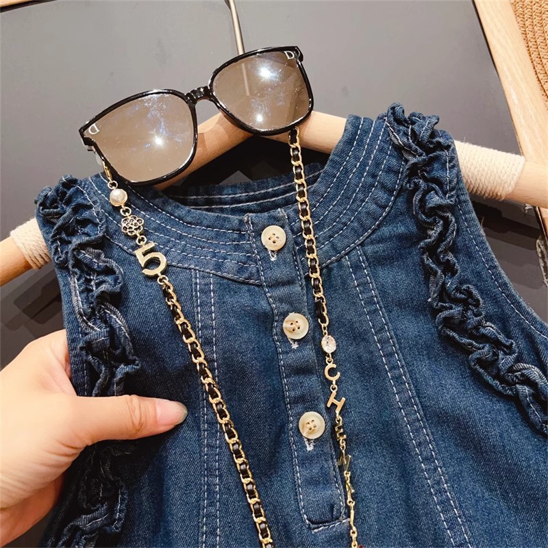 New Summer Wear Korean Style Children's Wear Girl's Ear Edge Solid Color Washed Denim Skirt Stylish Classic Vest dress Trendy