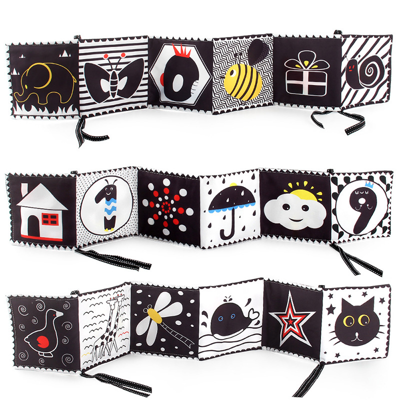 Cross-Border 12-page double-sided black and white bed cloth book can bite and tear baby cloth book early education toys