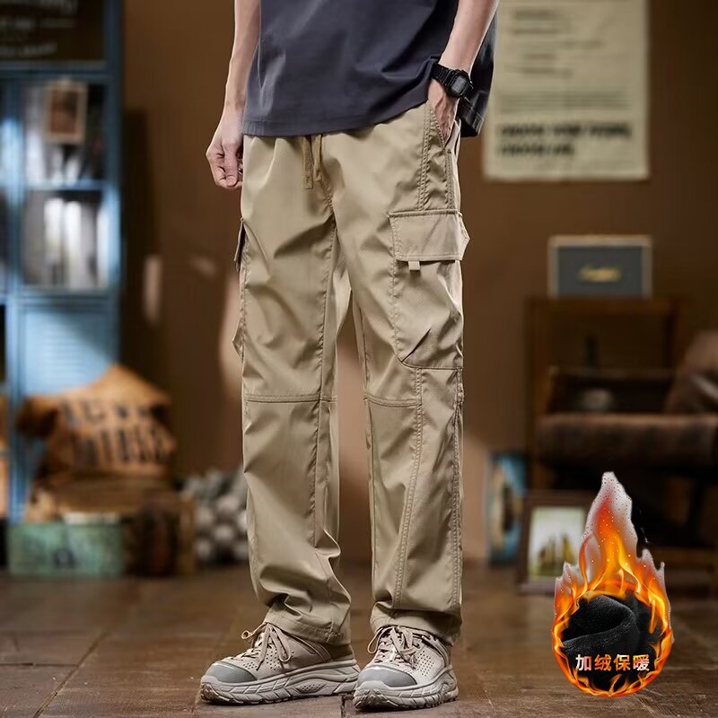 American-Style Straight-Leg Cargo Pants for Men, Autumn and Winter, Loose Fit, Multi-Pocket Men's Pants, Casual Pants, Long Pants, Fleece-Lined, Wear-Resistant