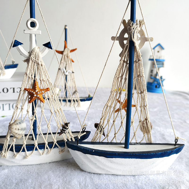 Mediterranean style shell boat decoration wooden sailboat model small decoration children's creative handicraft boat
