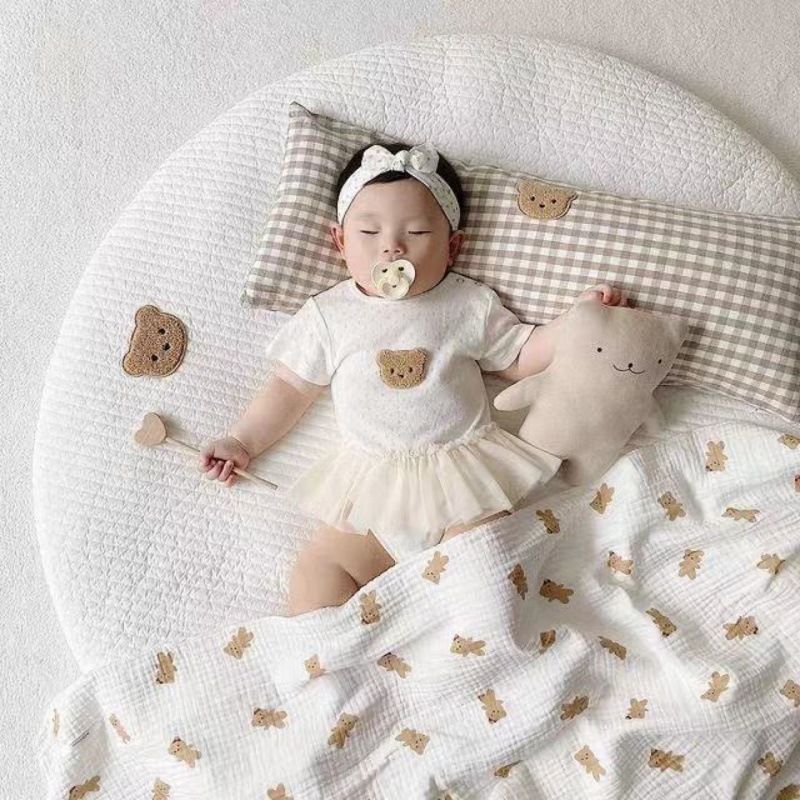 ins Rectangular Plaid Bear Cotton Comforting Anti-collision Pillow Baby Bed Cushion for Newborn