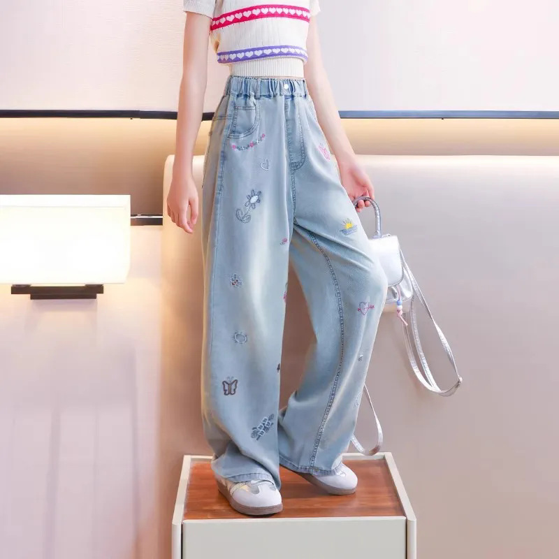 Girls' 2025 New Tencel Jeans Summer Children's Mosquito-Proof Pants Stylish Summer Wear Big Children's Ice Silk Wide-Leg Pants