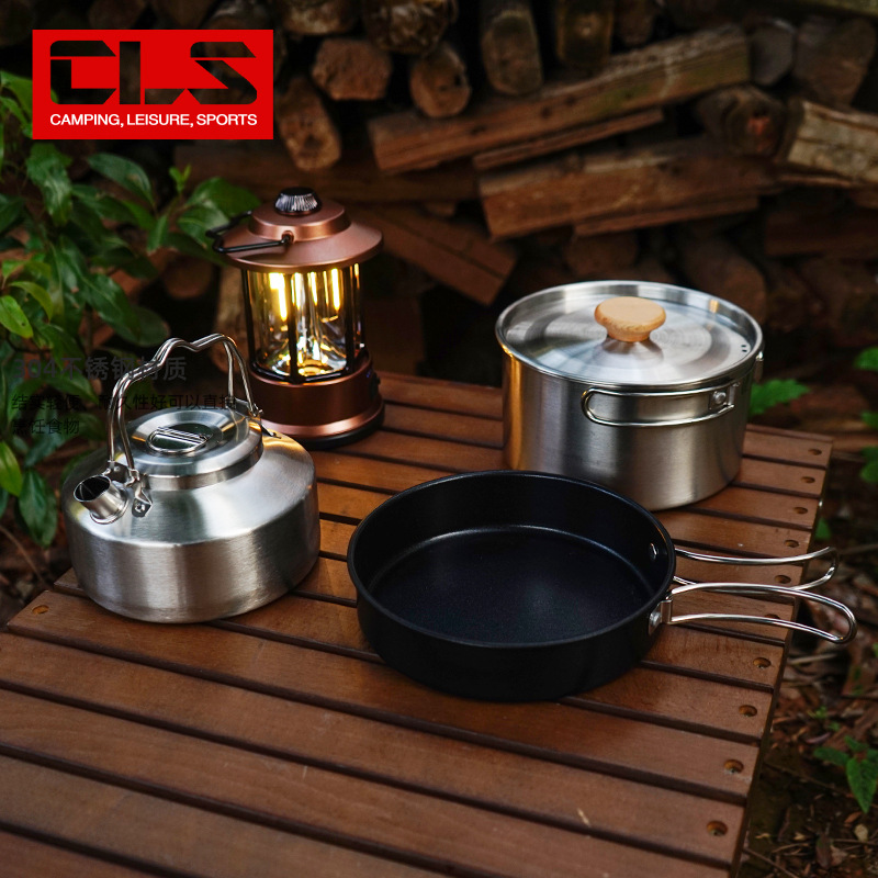 CLS outdoor stainless steel set pot camping portable self-driving kettle soup pot non-stick frying pan camping pot