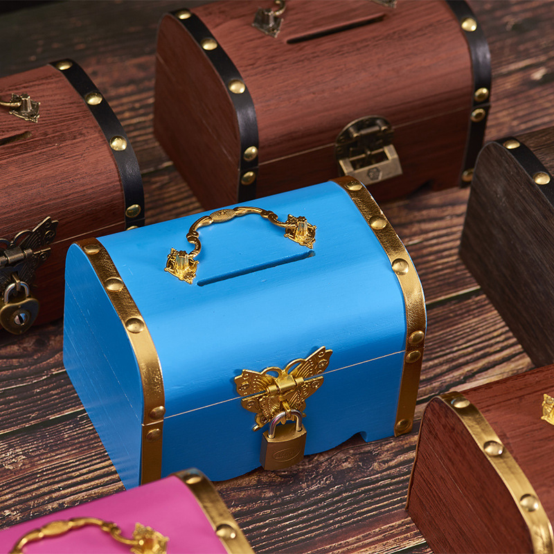 Children's Solid Wood Piggy Bank with Lock Can Only Go in and Out Wooden Piggy Bank Large Capacity Douyin Same Treasure Box Cross-Border