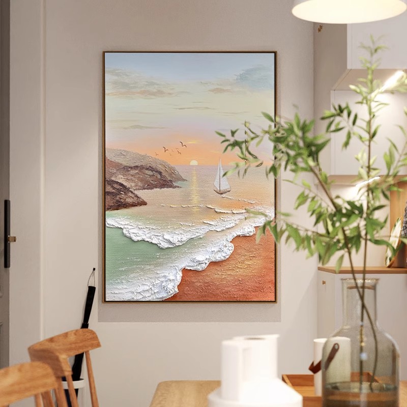 Hand-Painted Oil Painting of a Spring Coastal Scene in Dafen Village, Cream-Style Decorative Painting for the Living Room, Wabi-Sabi Style Entrance Texture Wall Art