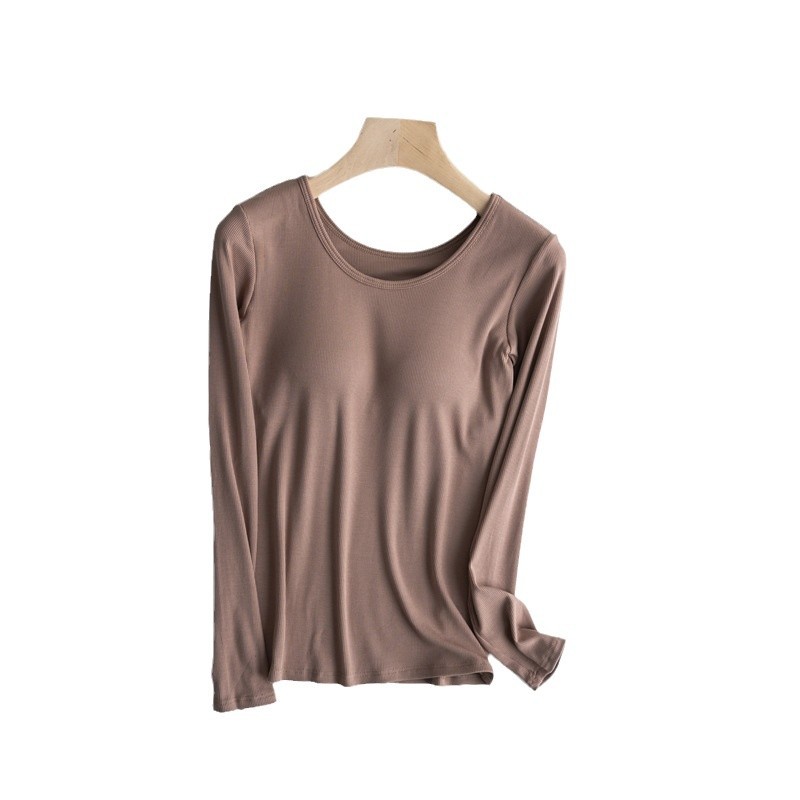 Wear-free bra with chest pad integrated thread long-sleeved T-shirt women's autumn and winter outer wear round neck bottoming inner wear factory wholesale