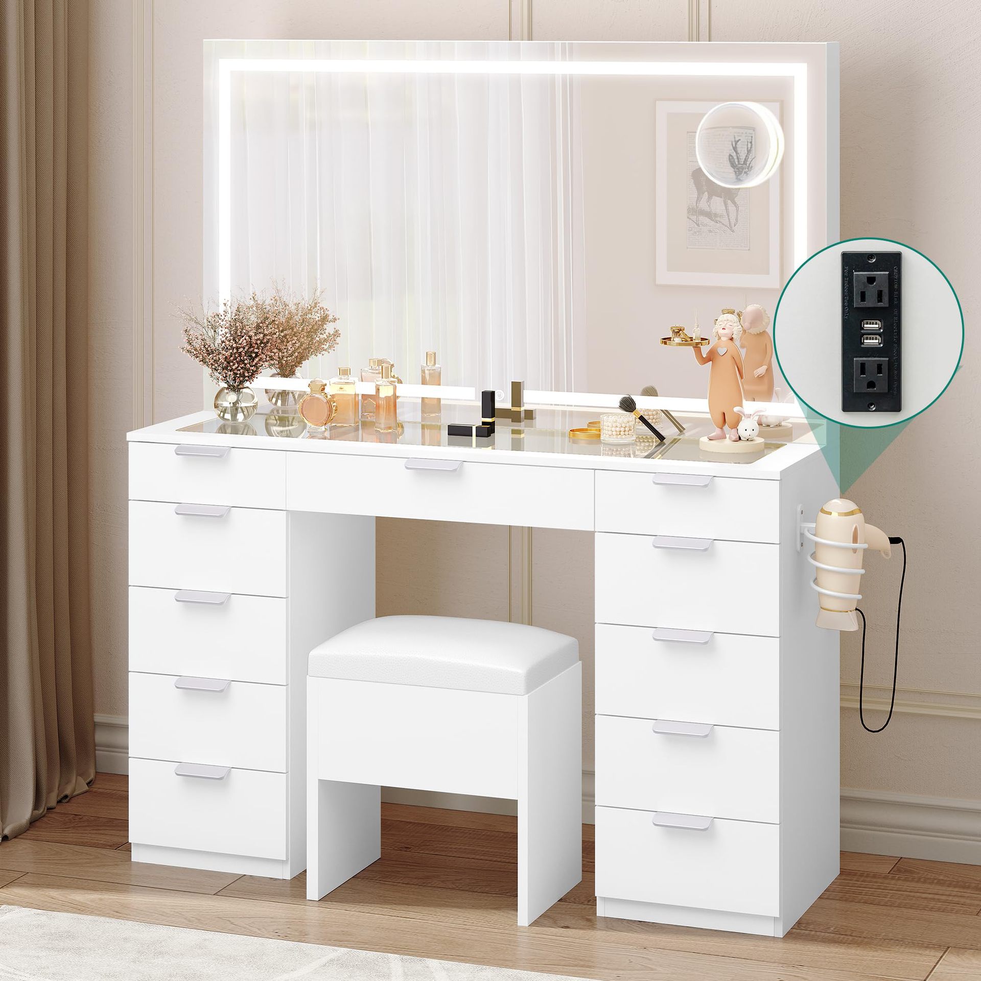 Foreign Trade Modern Minimalist Dressing Table Set Led Lighting Mirror and Power Socket, Dressing Table with Drawer