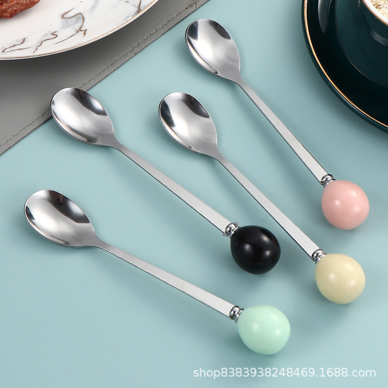 Ложка из нержавеющей стали с имитацией керамической ручки, ложка цвета макарона, креативная шариковая ложка, фруктовая ложка из нержавеющей стали, цветная глазурь