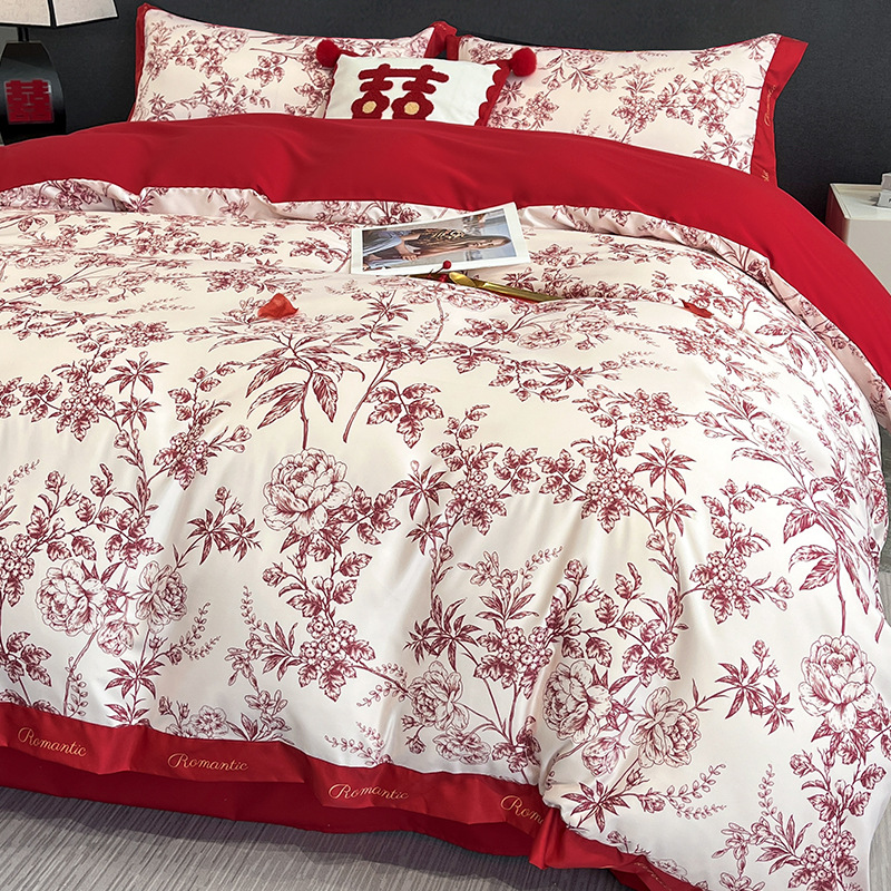 Red Wedding Bed Four-Piece Set, Festive Wedding Quilt Cover, New Wedding Bed Sheetss, Fitted Bed Sheetss, Wedding Light Luxury Classy Bedding