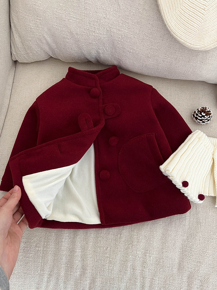 Girl's Winter Red Woolen Coat Western Style Little Girl's Doll Collar fleece-lined Chanel Style Baby's Festive New Year Dress