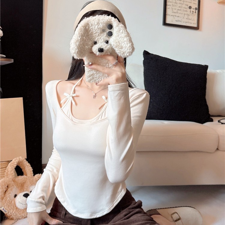 5053 # Pure Desire Halter Neck Faux Two-Piece Brushed Long-Sleeve T-Shirt for Women, Autumn Bow Tie Tie-Up Base Layer Short Top