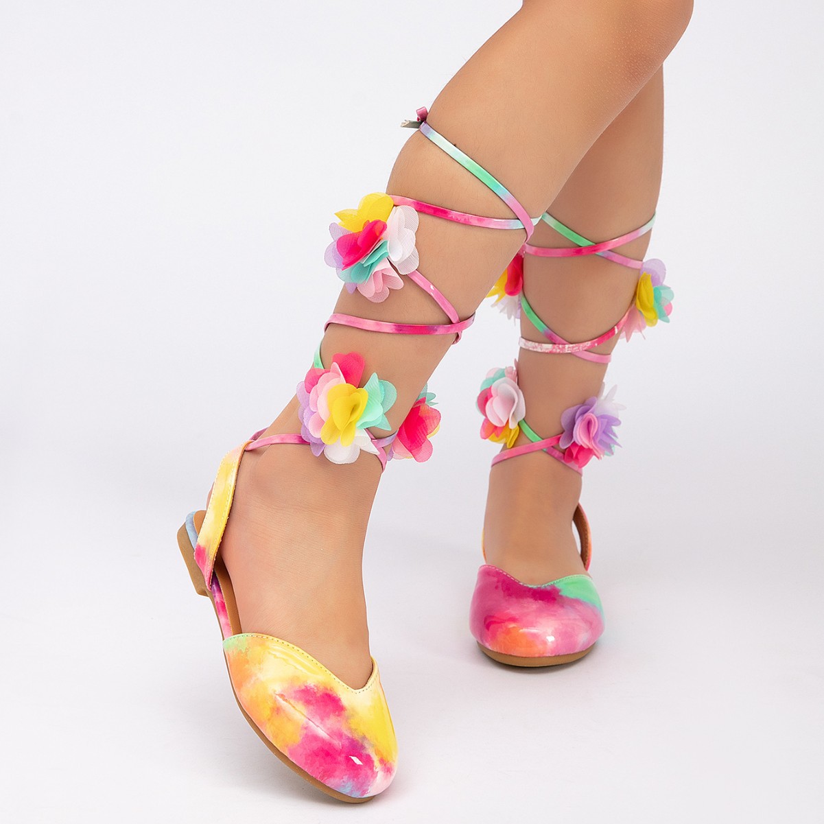 Cross-Border Girls' Leather Shoes, New Summer Style, Performance Mesh Flower Soft Sole, Non-Slip, Comfortable Soft Sole Lace-Up Flat Shoes