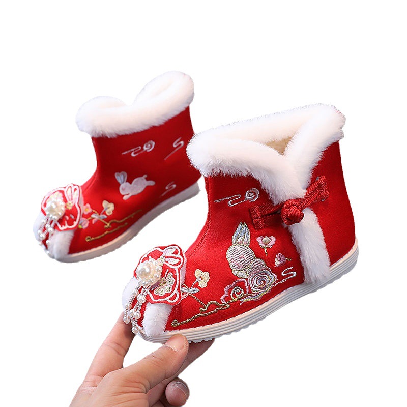 Girls' embroidered shoes Children's Hanfu shoes rabbit ethnic style children's snow boots Chinese style children's ancient cotton shoes