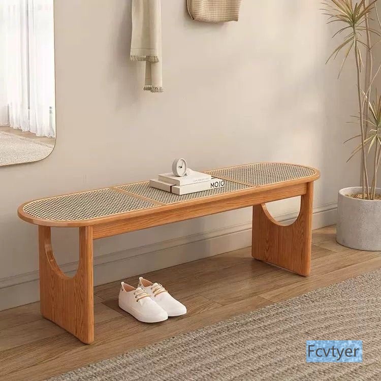 Minimalist Designer Long Bench for Home Dining, Luxury Rattan Stool, End-Of-Bed Bench, Solid Wood Shoe-Changing Bench, Vintage