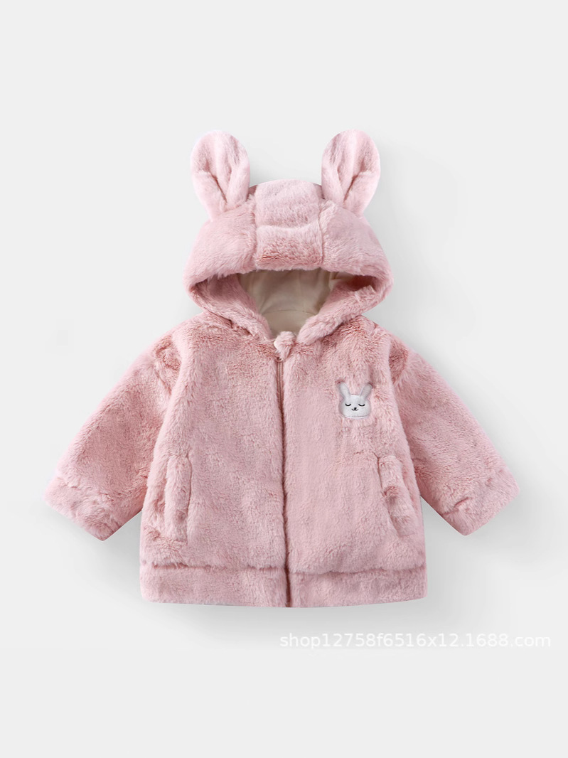 Children's Fur Coat New Boys and Girls Baby Hooded Warm fleece-lined Top Children's Cardigan Zipper Outerwear