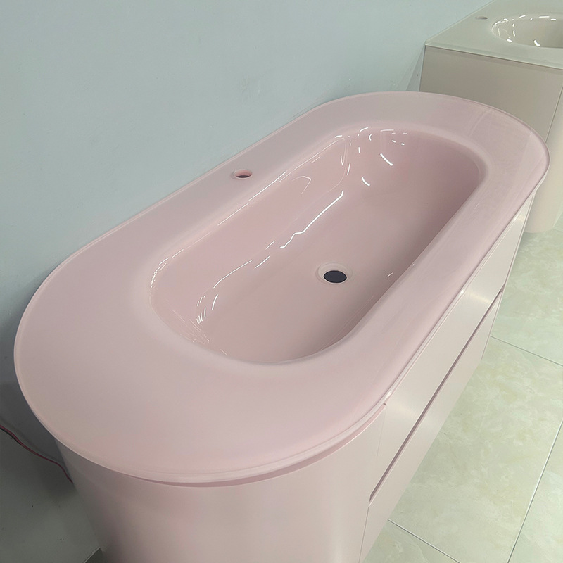 Bowiya Pink Bathroom Cabinet Mirror Cabinet Combination Customized Solid Wood Washbasin Tempered Glass Integrated Basin Bathroom Cabinet