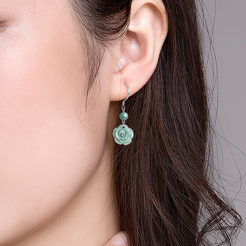 genuine goods natural A goods jade beans green rose earrings S925 silver ice jade stone fashion women's earrings earrings
