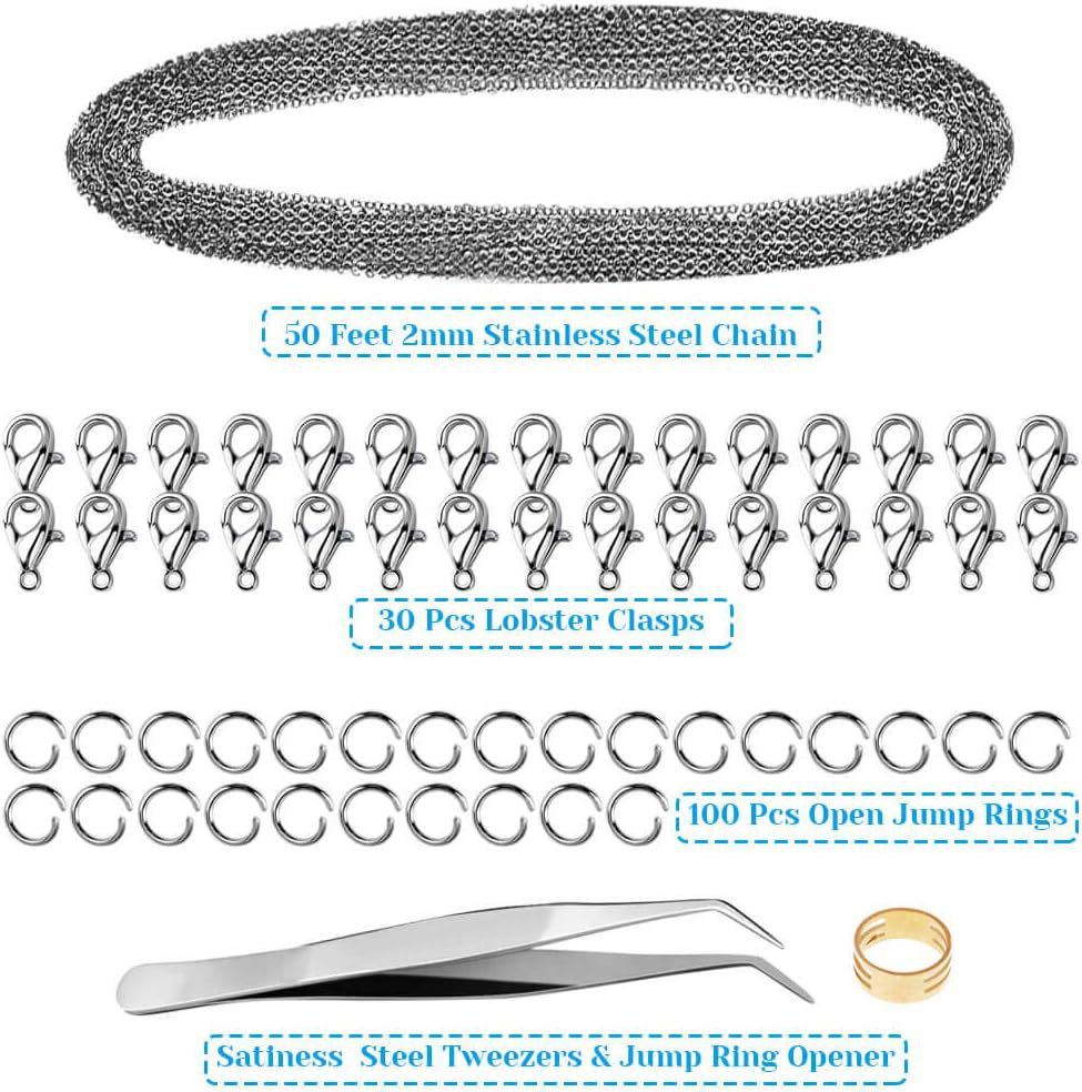 50ft Stainless Steel Chain for Jewelry Making,Anezus Jewelry Chain Bulk Small Metal Chain with 100