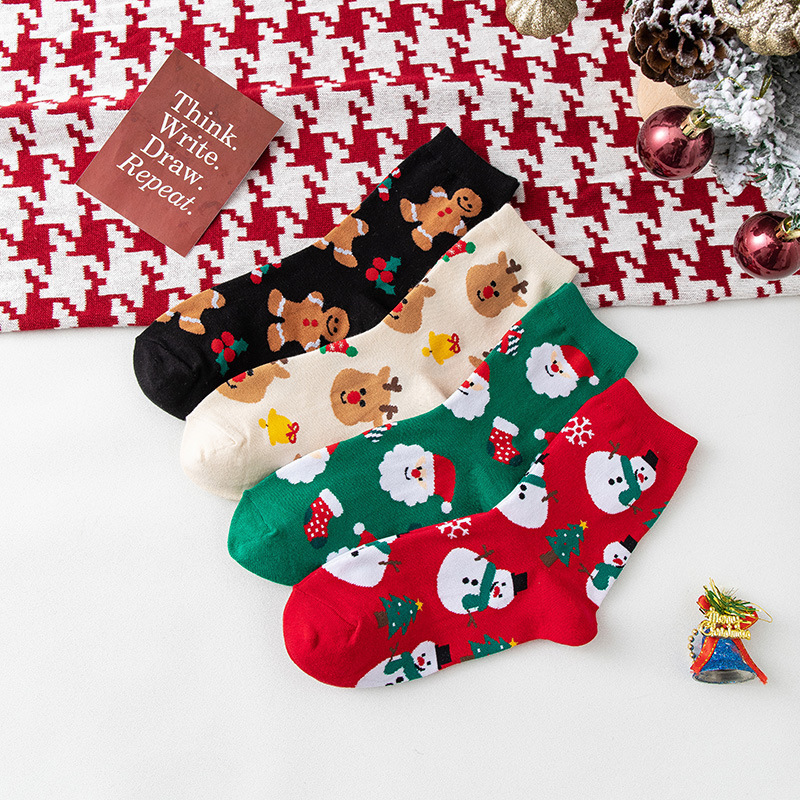 2024 Christmas Stockings Children Autumn and Winter Cartoon Medium Stockings Santa Claus Elk Snowman Cute Red Socks Ins