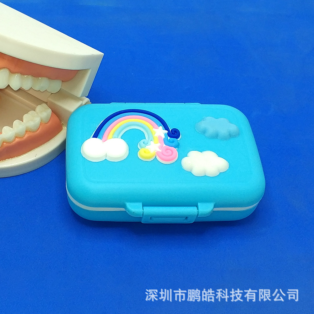Soft Silicone Rainbow Baby Deciduous Tooth Box with Small Tweezers Lanugo Bottle Cotton Ball Blue Pink Plastic Kidsren's Tooth Replacement Storage