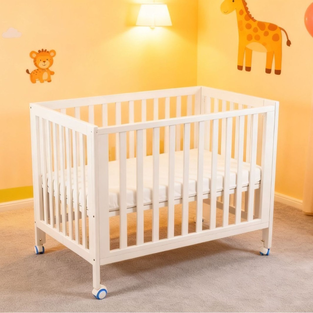 [Customized] Size Can Be Customized, White Solid Wood, No Installation Required, Easy to Store, Foldable Baby Crib, Baby Rocking Bed