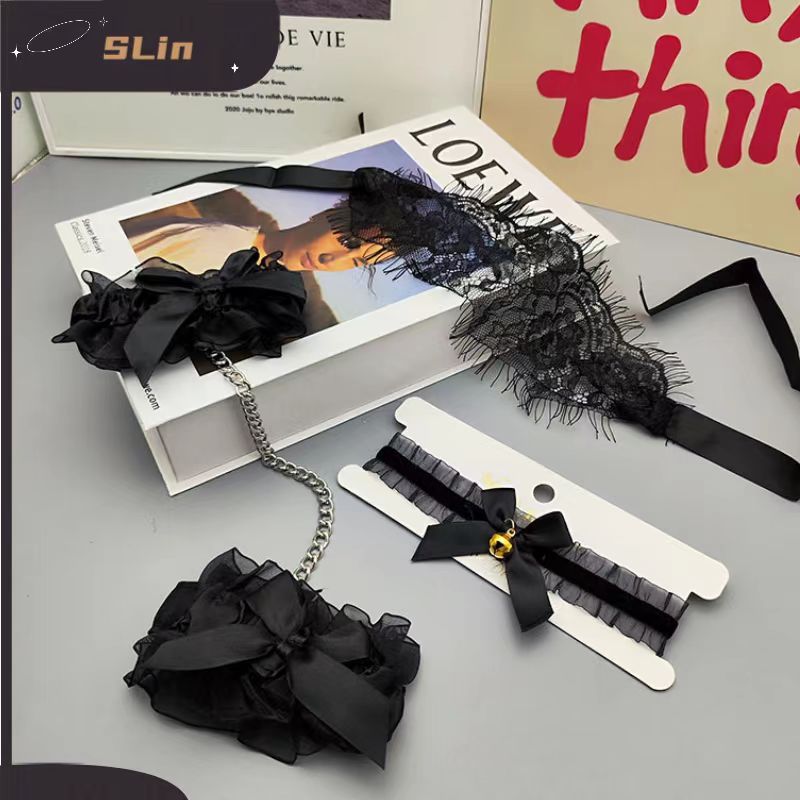 Сексуальные аксессуары для нижнего белья Кружевная вуаль Бант Кружевные наручники Связывающий ошейник Женские забавные аксессуары