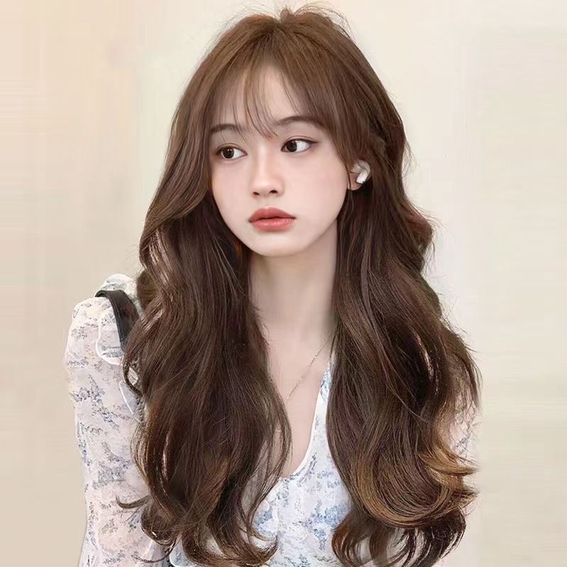 Wig Female Long Curly Hair Air Bangs Fashion Big Wave Fluffy Artificial Human Hair Popular Live Broadcast Decoration
