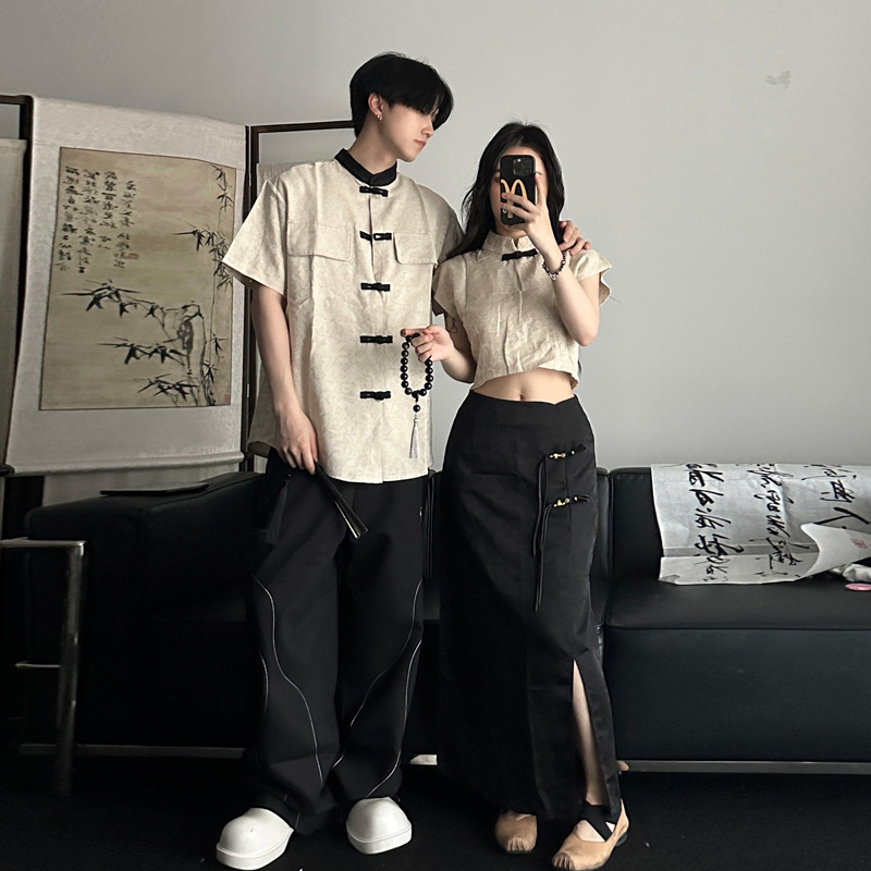 New Chinese Style Men's and Women's Chinese Style Jacquard Shirt with Vertical Collar Modified Women's Short Long Skirt Hanfu Republic of China Tang Suit Men's Style