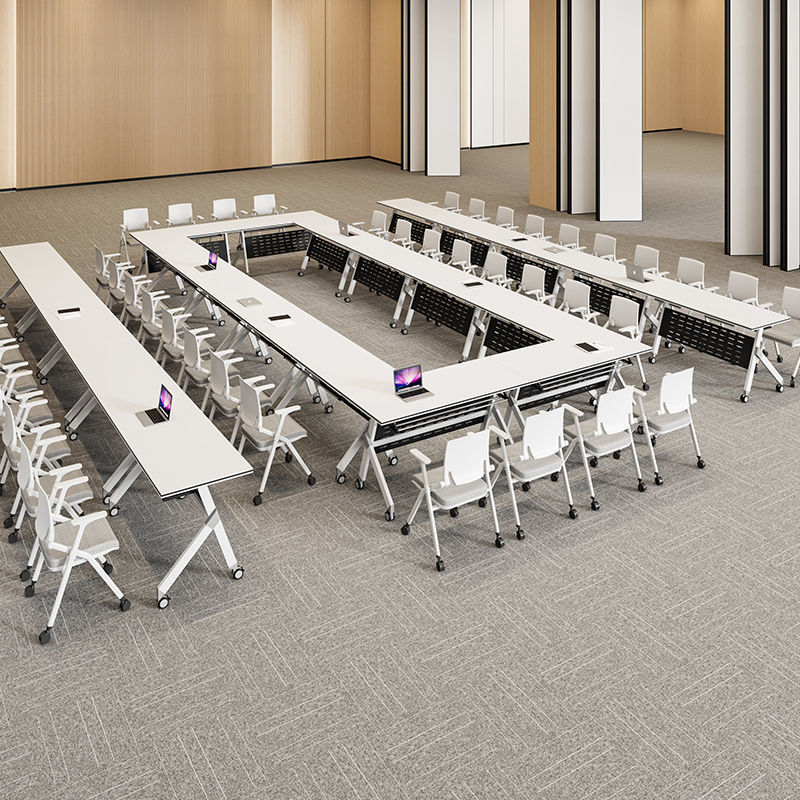 Folding Conference Tables and Chairs, Removable Splicing Long Tables with Wheels, Multi-Functional Office Desks, Training Desks and Chairs Combination