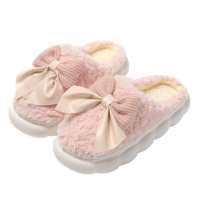 Bow-Knot Cotton Slippers, Non-Slip Winter Shoes, Indoor Slippers, Winter Warm Cotton Shoes, Plush Cotton Slippers, Home Slippers