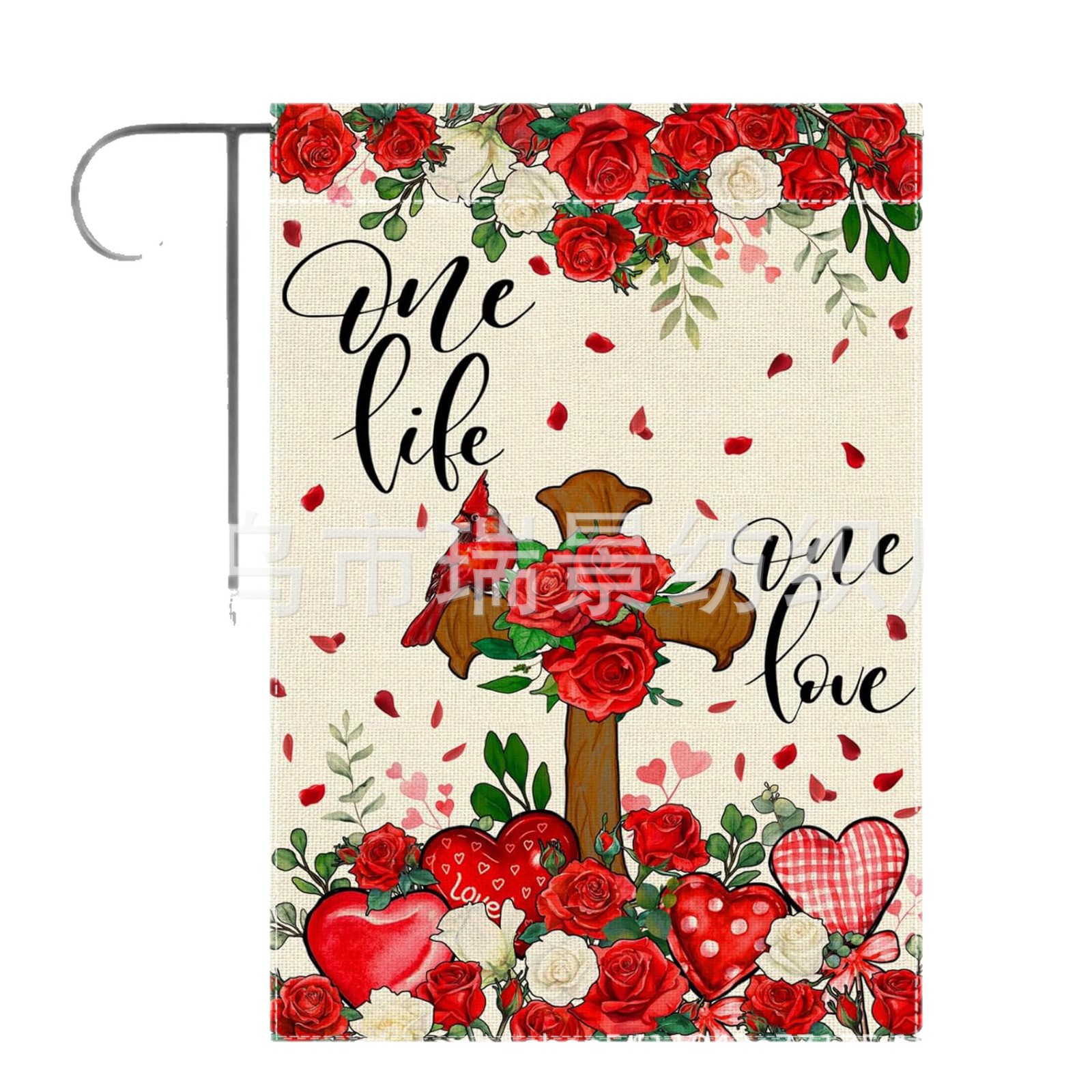 Cross-Border Hot Valentine's Day Garden Flag Red Heart Rose Outdoor Decoration Linen Double-Sided Garden Flag