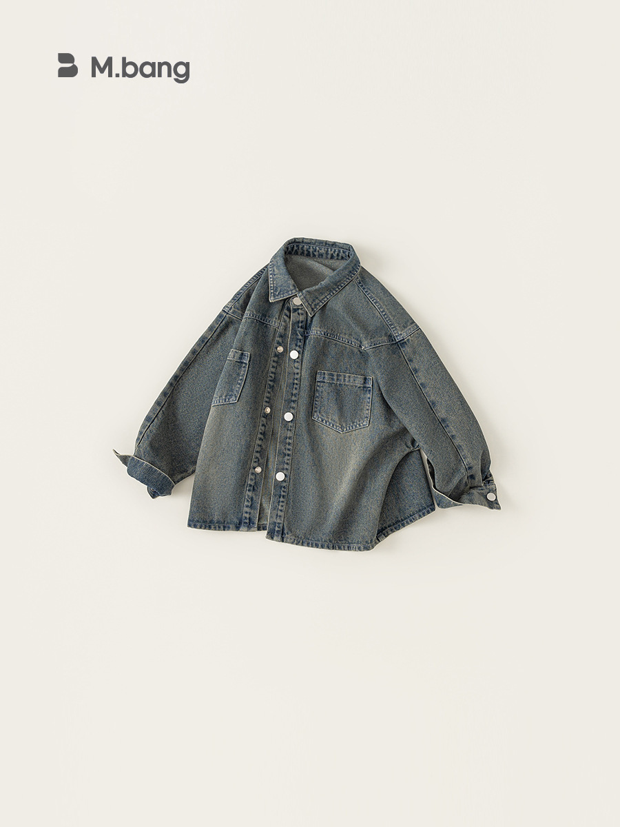 Boys' Denim Top for Older Children, Spring and Autumn Style with Rivets, Vintage Look, Long-Sleeve Shirt for Boys