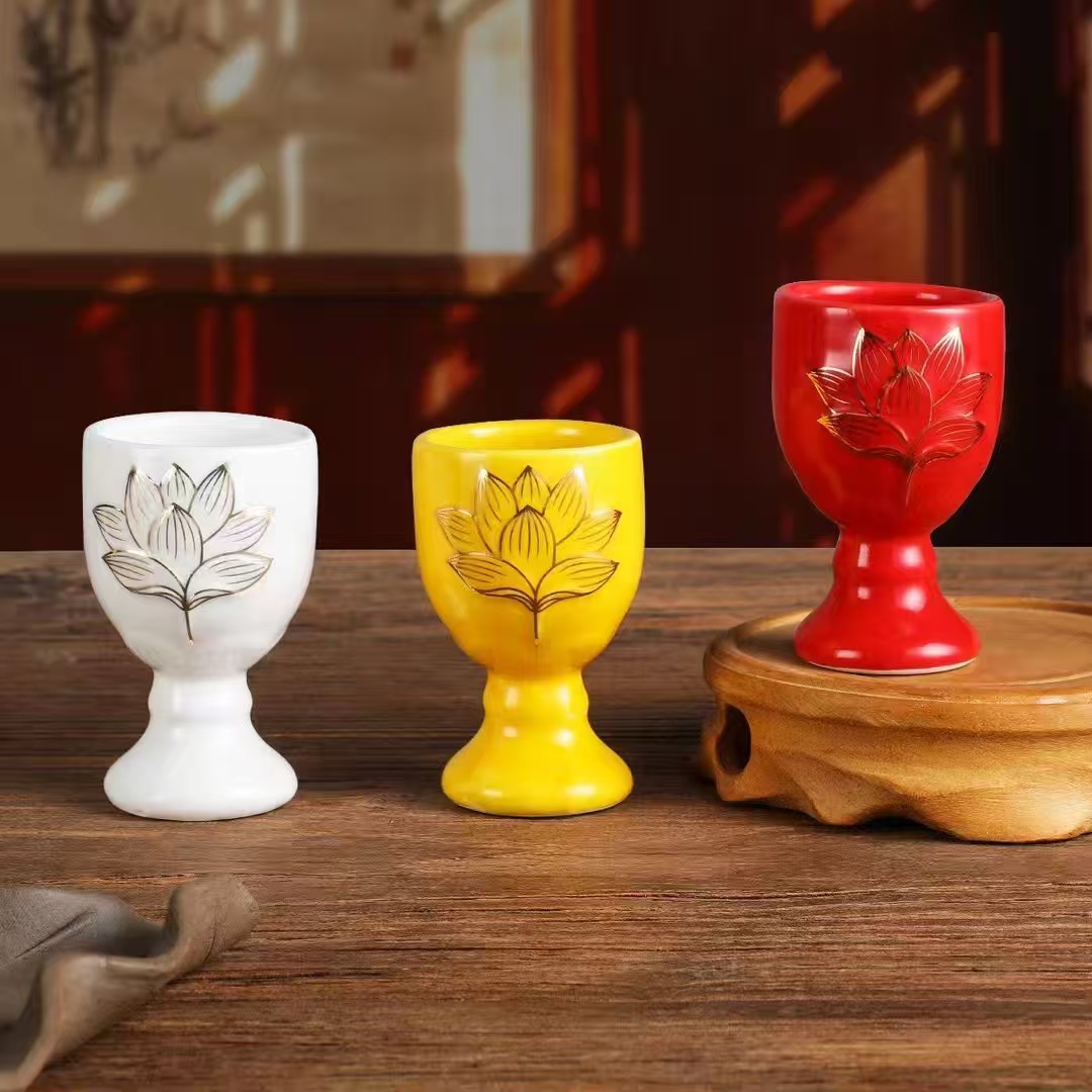 Ceramic Holy Water Cup for Home Use, Offering to the God of Wealth, Offering to the Immortals, Offering to Buddha, Offering Water Cup, Offering Table, Wine Cup, Tea Cup, Three-Cup Holder Wholesale