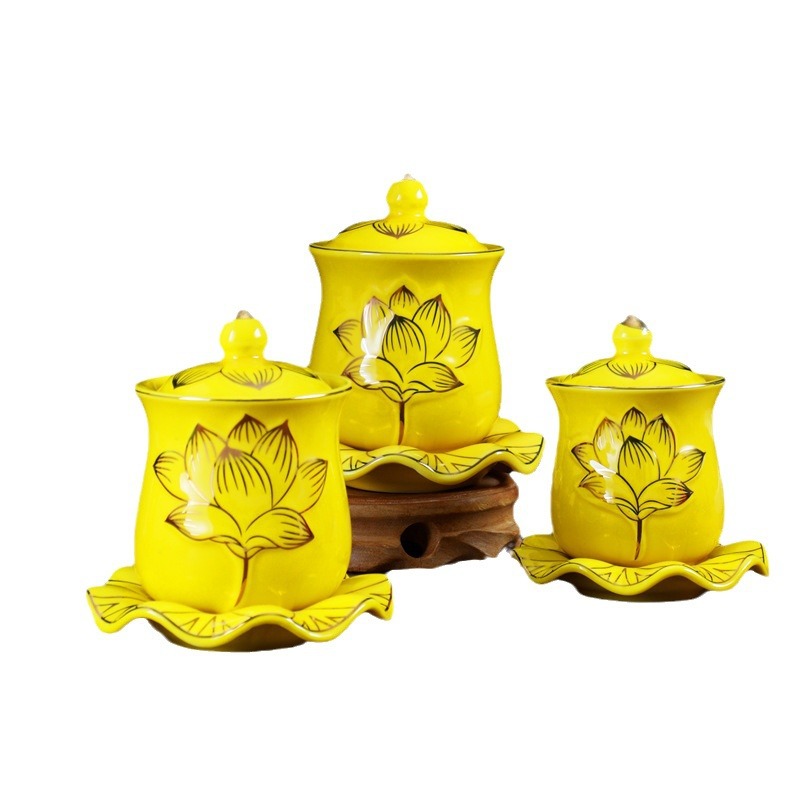 Buddha Hall Ornaments Gold Embossed Lotus Sacred Water Cup Water Supply Cup Guanyin Cup Ceramic Ornaments Buddha Supplies Cup