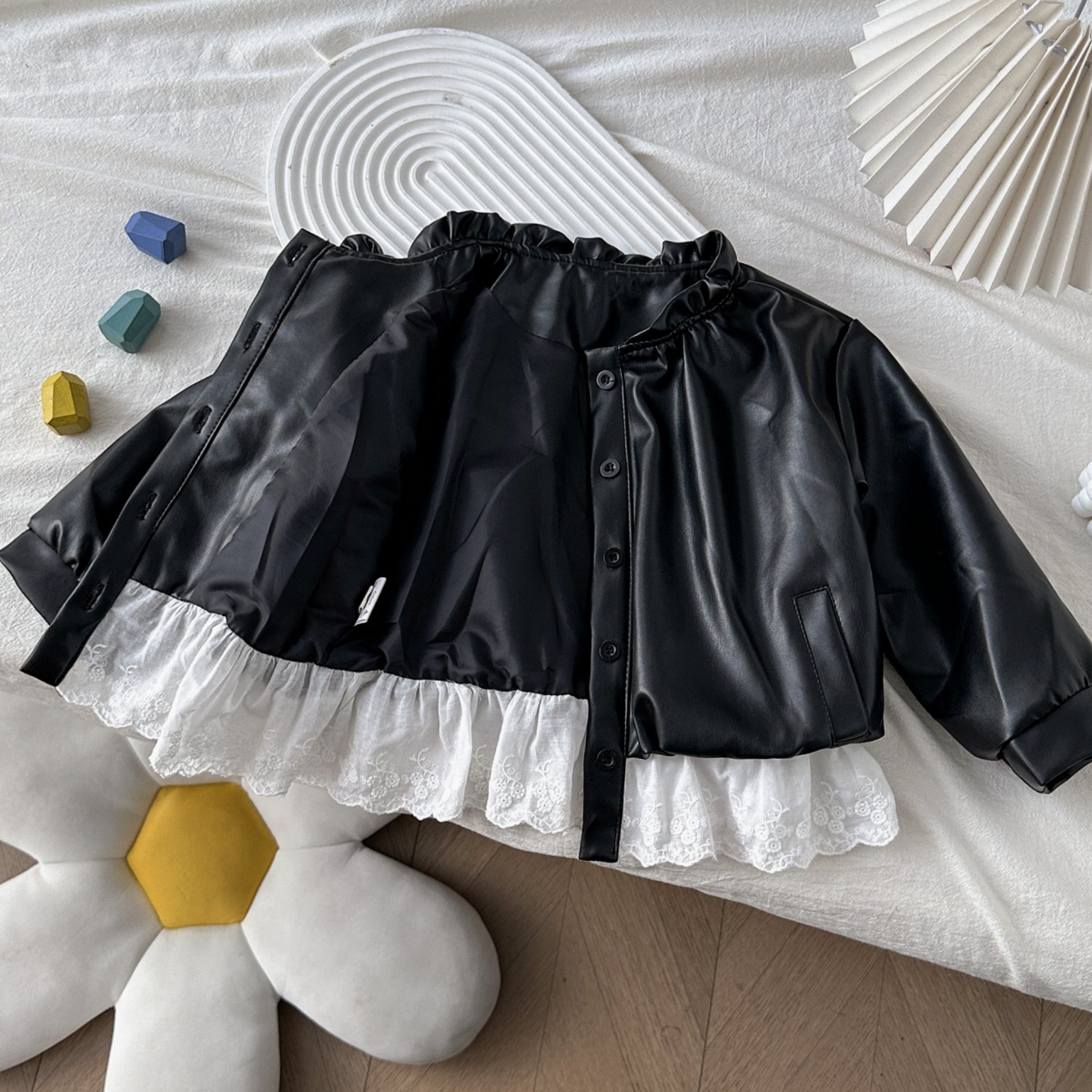 6762 New Korean Children's Clothing Girls' Outwears Autumn New Baby Girl Forest Lace Splicing Leather Jacket