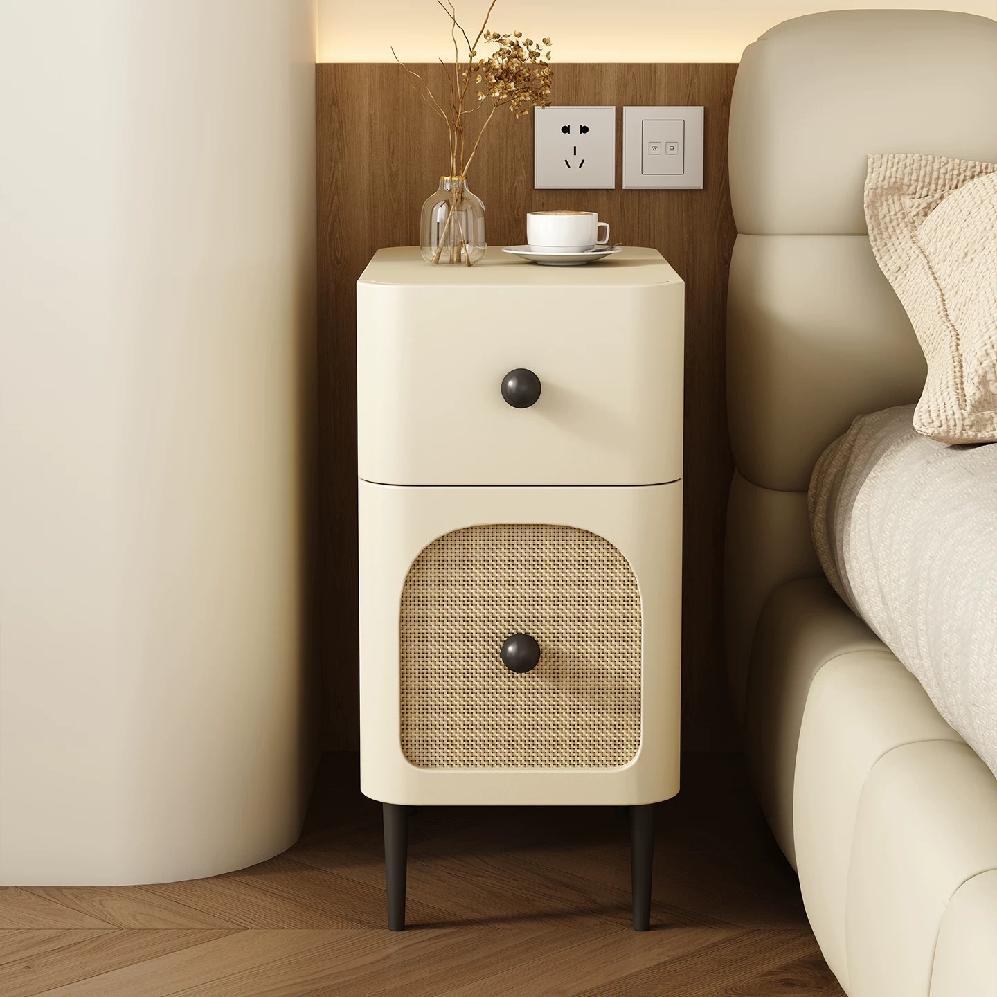 Solid Wood Bedside Table Bedroom Mini Small Mid-Century Style Narrow Side Cabinet with Light Wireless Charging Ultra-Narrow Cabinet Storage Cabinet