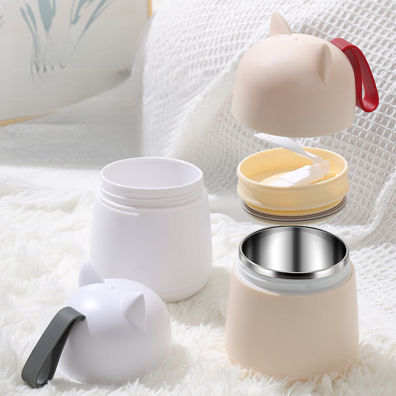 304 stainless steel cartoon cat ear insulation soup cup with lid spoon with handle portable sealed soup can Breakfast Cup wholesale