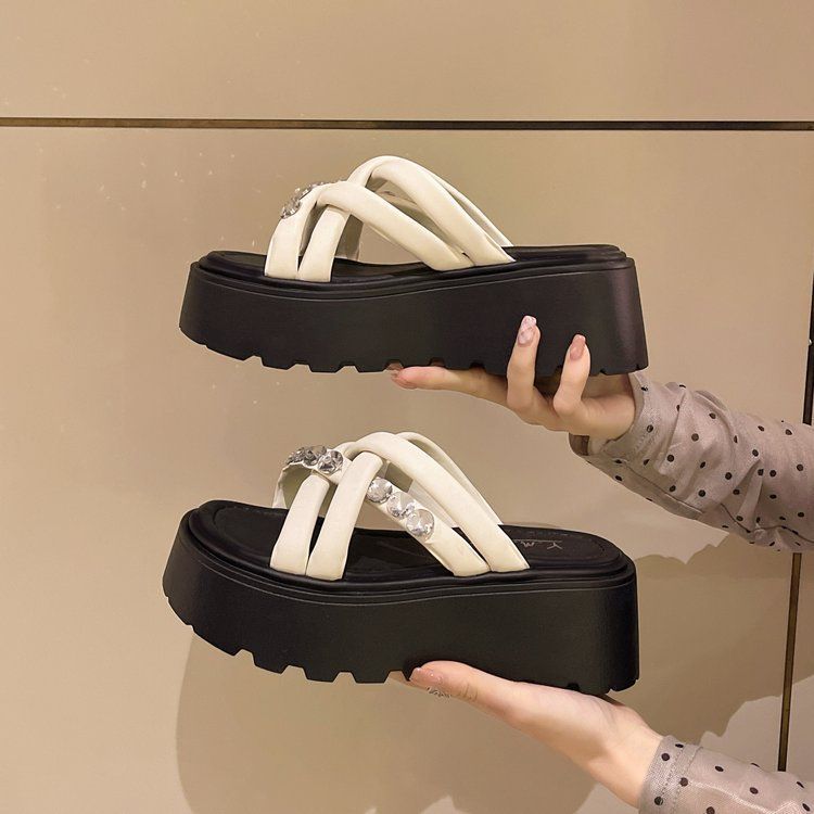 Beach Height-Increasing New Chinese Style Fashionable Petite Rhinestone Versatile Foot-Wear Fairy Super Popular Slimming Non-Casual